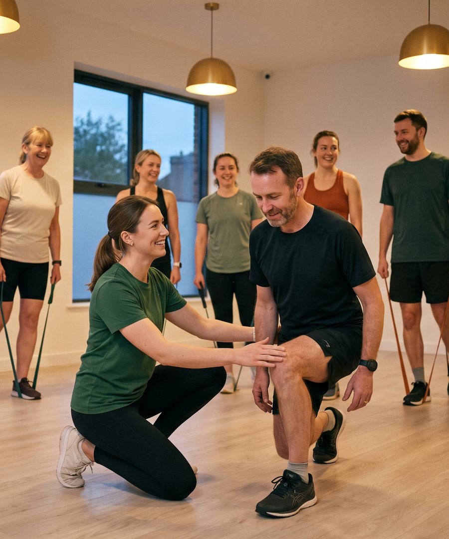 A physiotherapist coaches a runner through a single-leg squat while club members hold resistance bands behind them in an evening session.