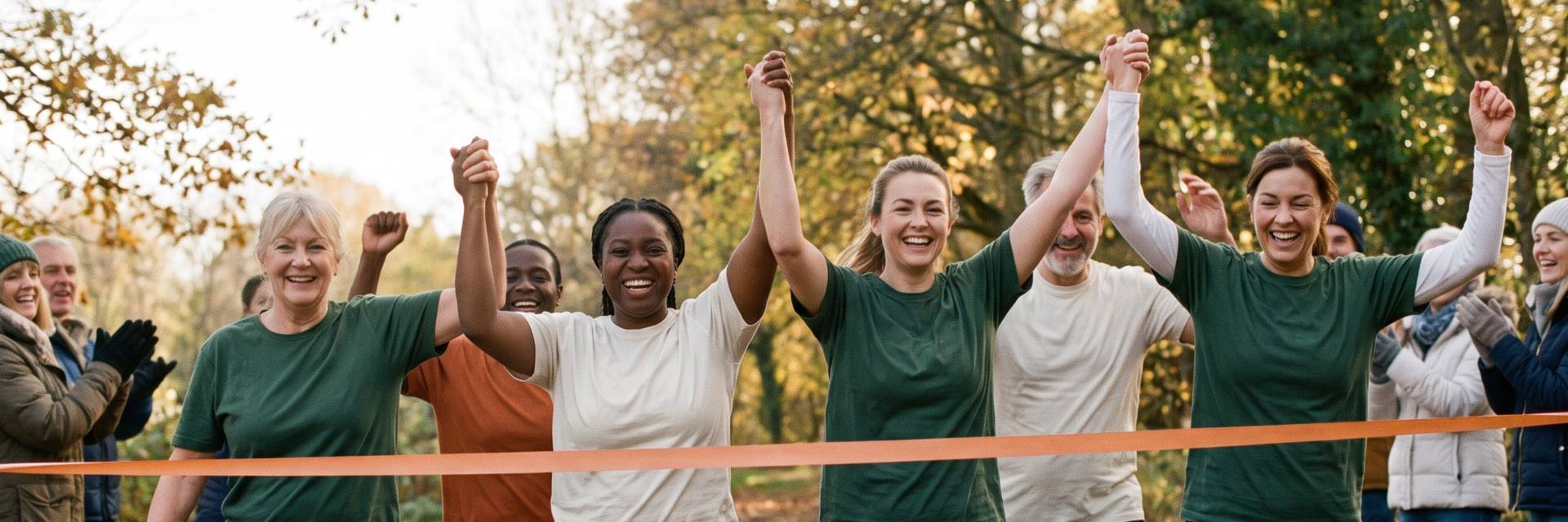 Six club runners cross a finish ribbon together on a wooded autumn trail, arms raised and smiling.