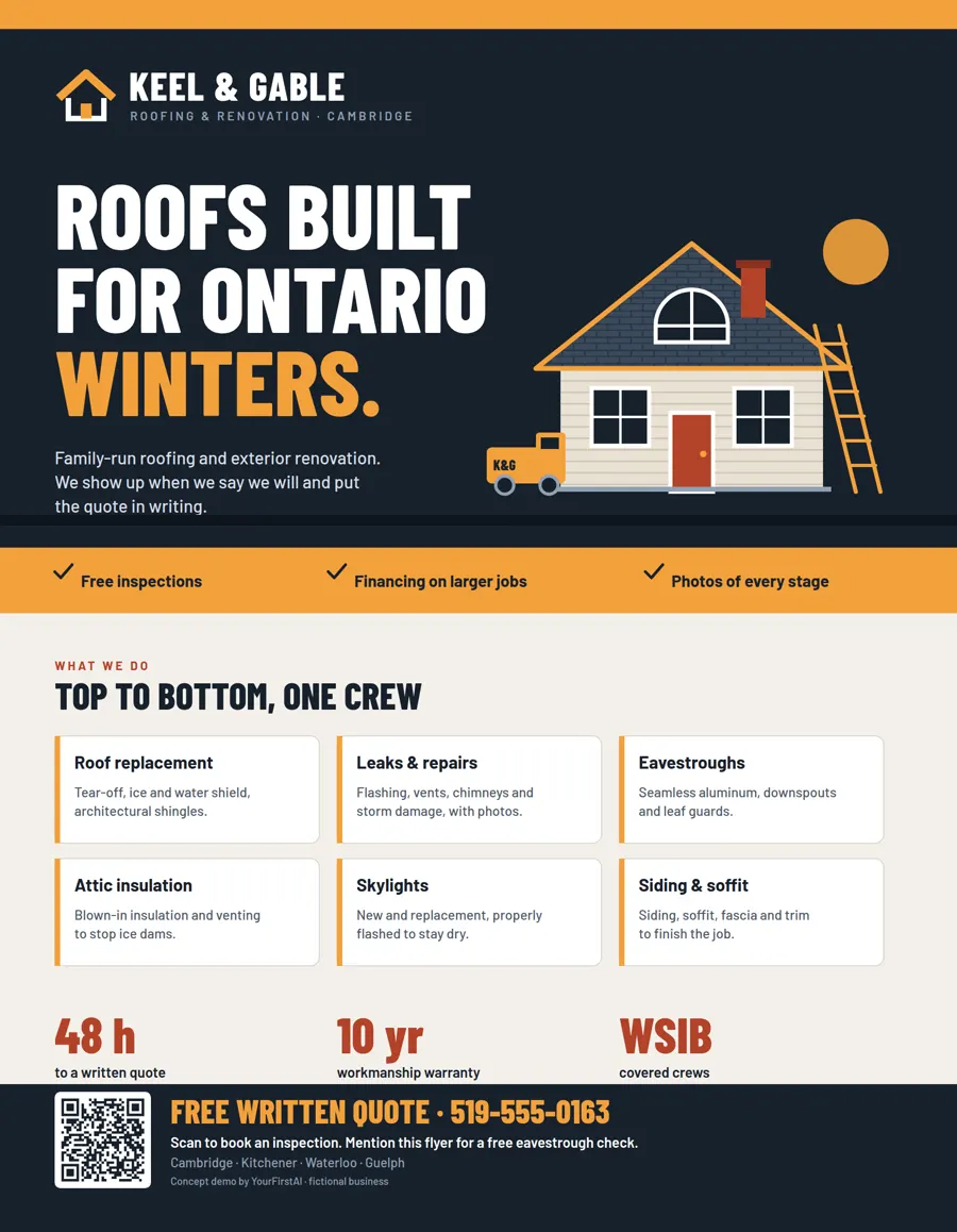 Letter-size flyer: dark header with the headline Roofs built for Ontario winters and a house, an amber band with free inspections, financing and photos of every stage, six service cards, proof points and a QR code footer with the phone number