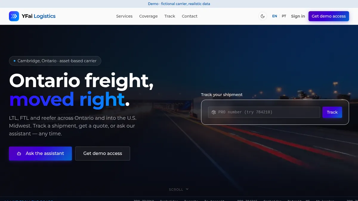 YFai Logistics demo — public site and internal portal